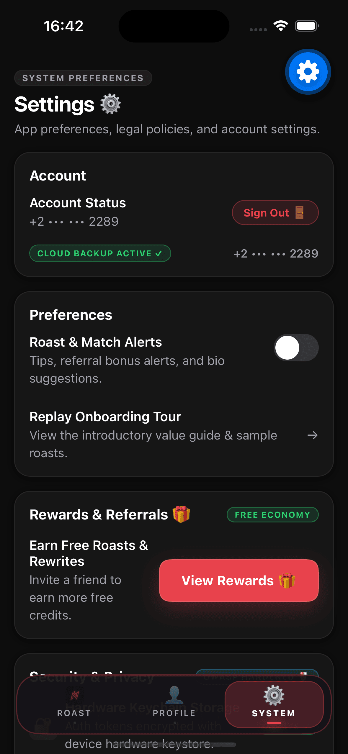 NakedBio iOS app interface showing real profile roast screen
